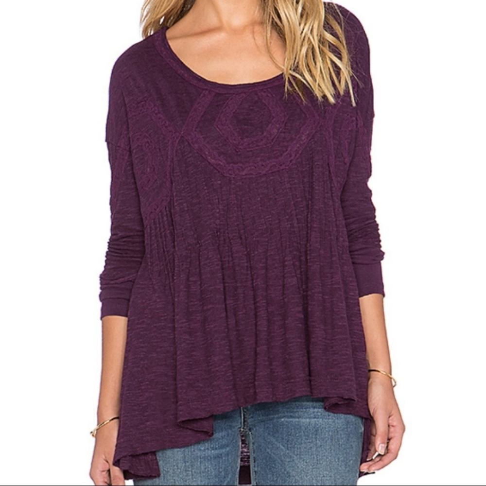 Free People New Hope Babydoll Top Cutout Detail Keyhole Tunic Flowy Purple M